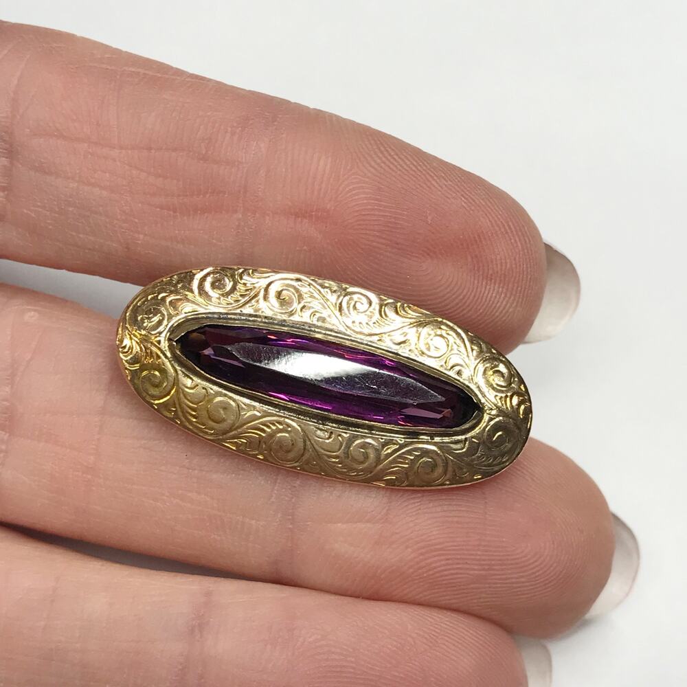 Cheever Tweedy Co, Antique Rolled Gold Filled Engraved Amethyst Glass Brooch